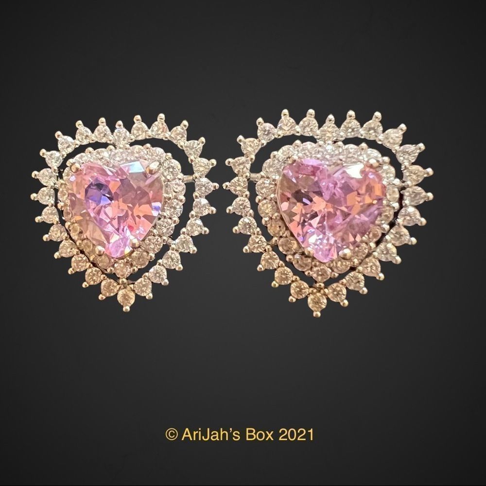Silver Pink Ice Diamond Double Heart Studs